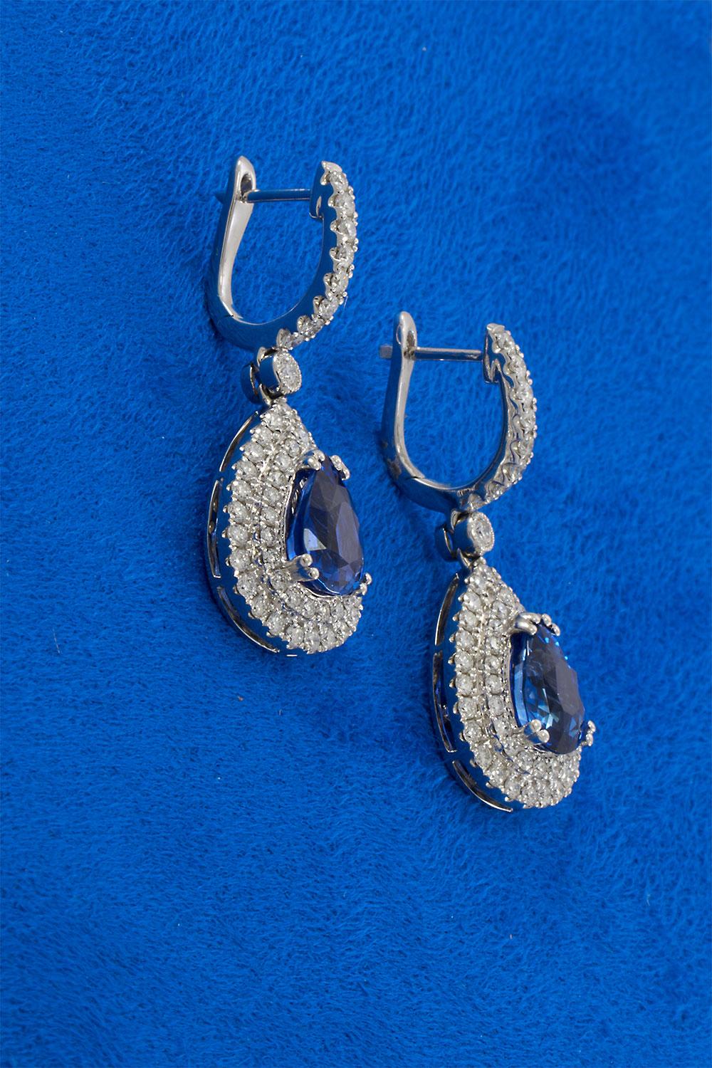 18KT White Gold Blue Sapphire and Diamond Pear Drop Earrings
