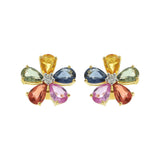 18KT Yellow Gold Multi-Color Pear-Cut Sapphire and Diamond Flower Earrings