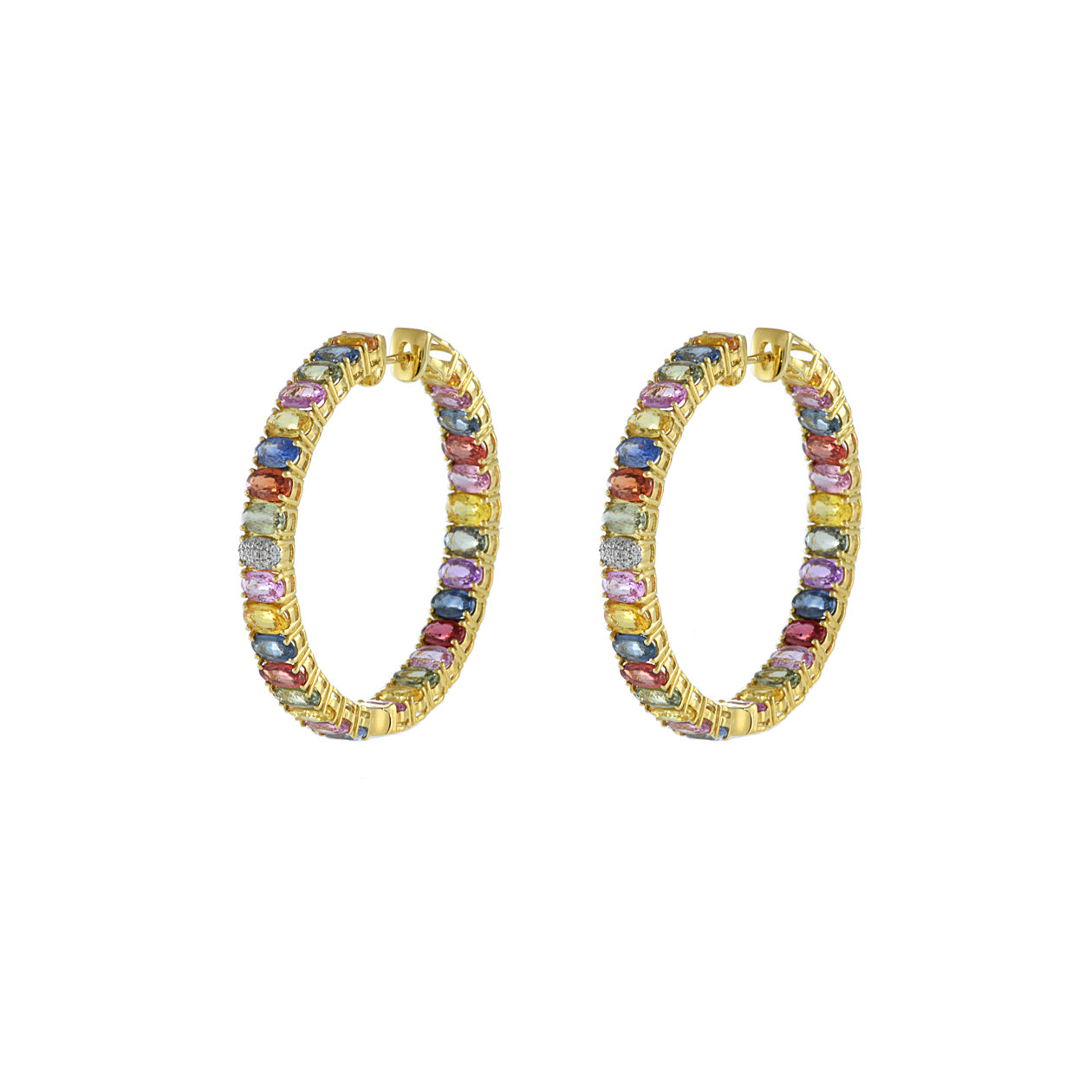 18KT Yellow Gold Multi Color Sapphire And Diamond Hoop Earrings