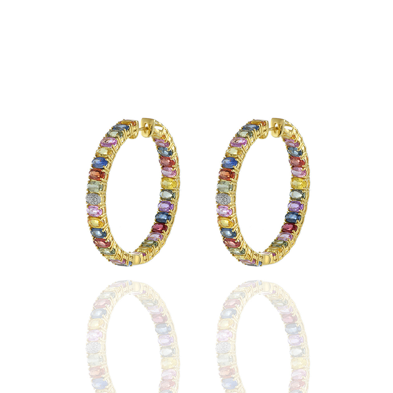 18KT Yellow Gold Multi Color Sapphire And Diamond Hoop Earrings