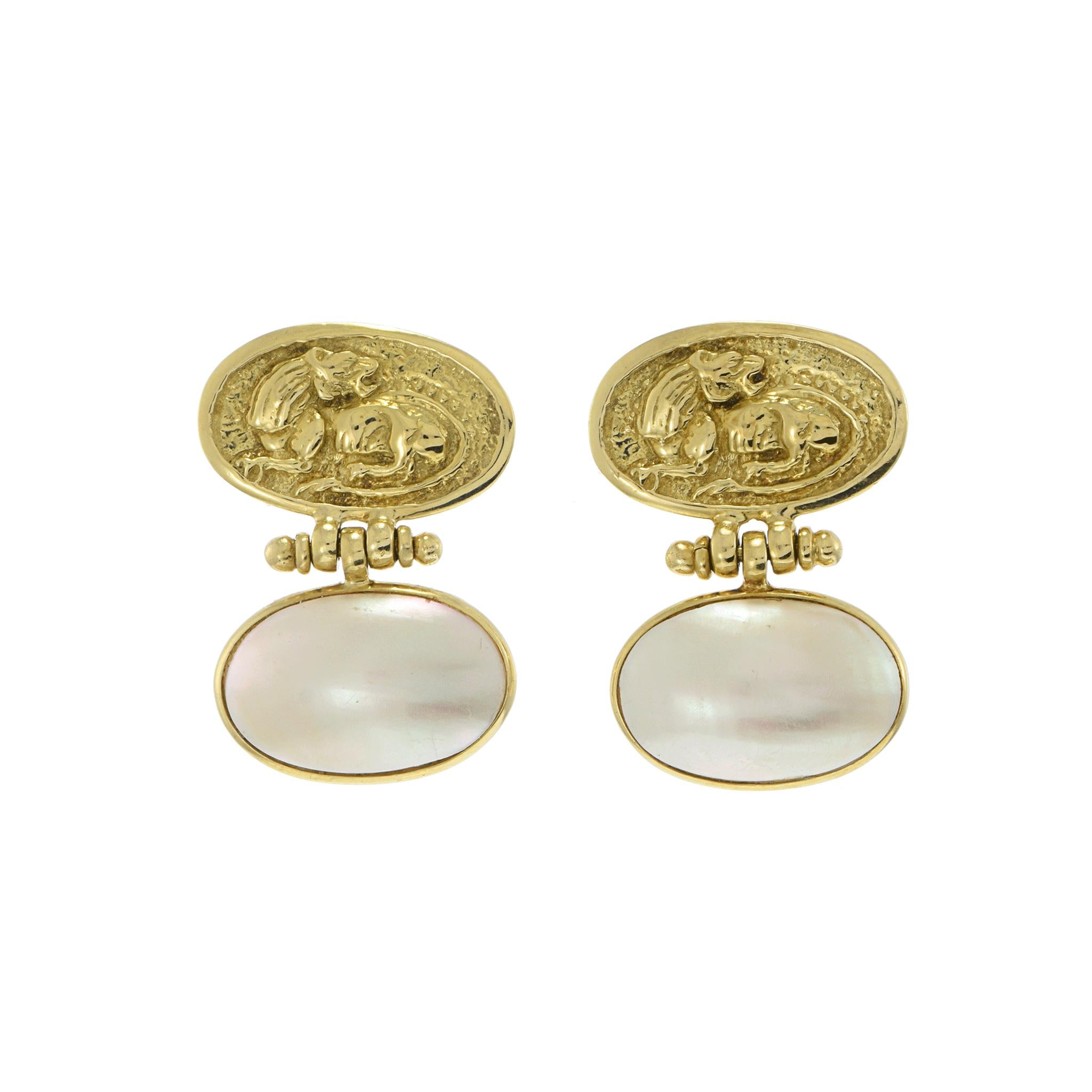 Vintage 1970s 18KT Yellow Gold Mobe Pearl Earrings with Tiger Coin Motif