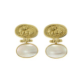 Vintage 1970s 18KT Yellow Gold Mobe Pearl Earrings with Tiger Coin Motif