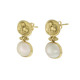 Vintage 1970s 18KT Yellow Gold Mobe Pearl Earrings with Tiger Coin Motif