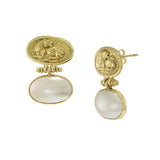 Vintage 1970s 18KT Yellow Gold Mobe Pearl Earrings with Tiger Coin Motif