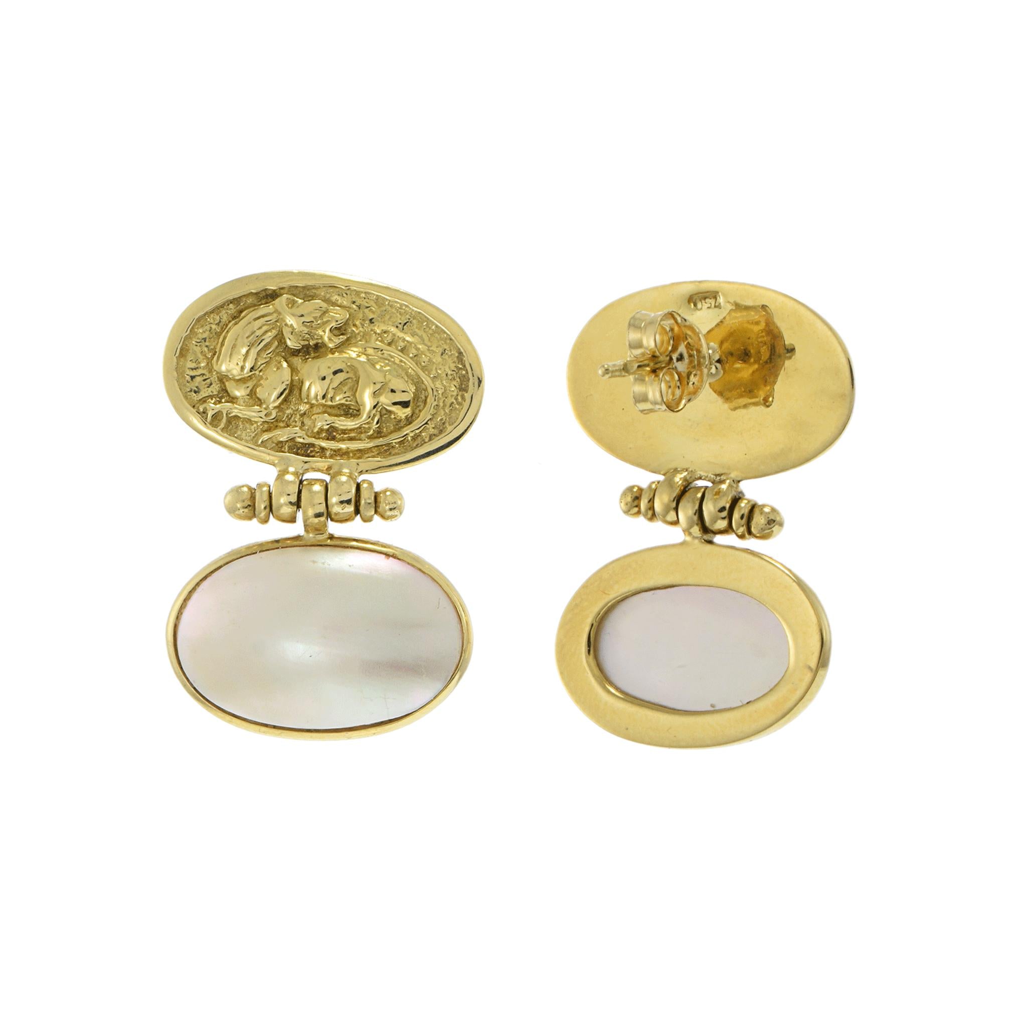 Vintage 1970s 18KT Yellow Gold Mobe Pearl Earrings with Tiger Coin Motif