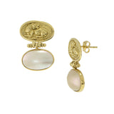 Vintage 1970s 18KT Yellow Gold Mobe Pearl Earrings with Tiger Coin Motif