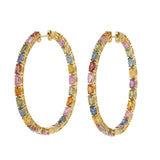 Multi-Color Sapphire Oval Hoop Earrings in 18KT Yellow Gold