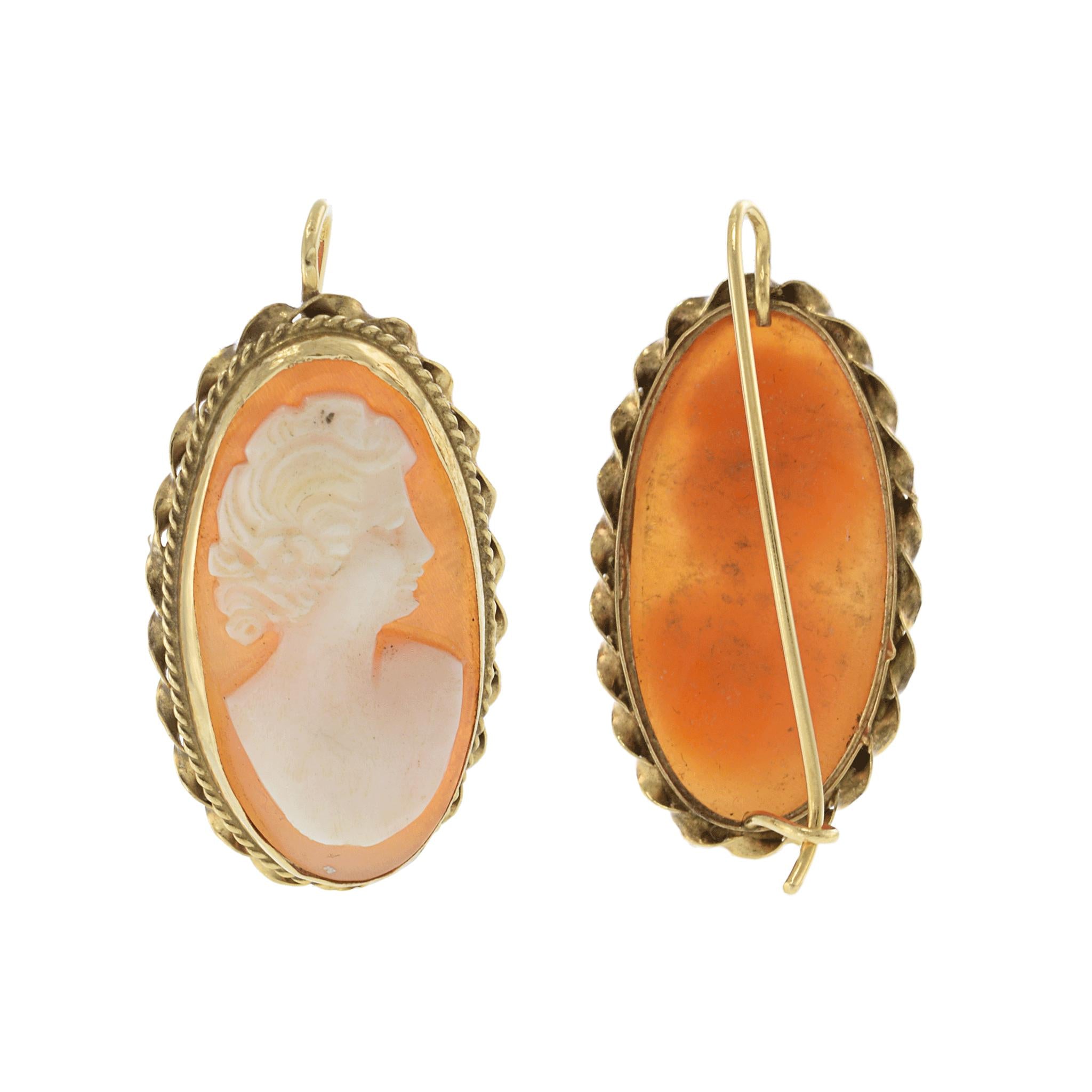 Antique Victorian Era 14KT Yellow Gold Portrait Cameo Earrings