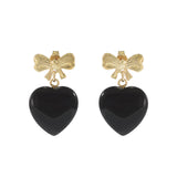 Estate 14KT Yellow Gold Bow Earrings with Dangling Black Onyx Hearts