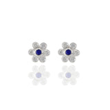 14KT White Gold Blue Sapphire And Diamond Flower Cluster Earrings