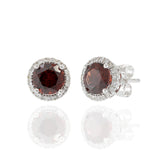 14KT White Gold Garnet and Diamond Halo Stud Earrings
