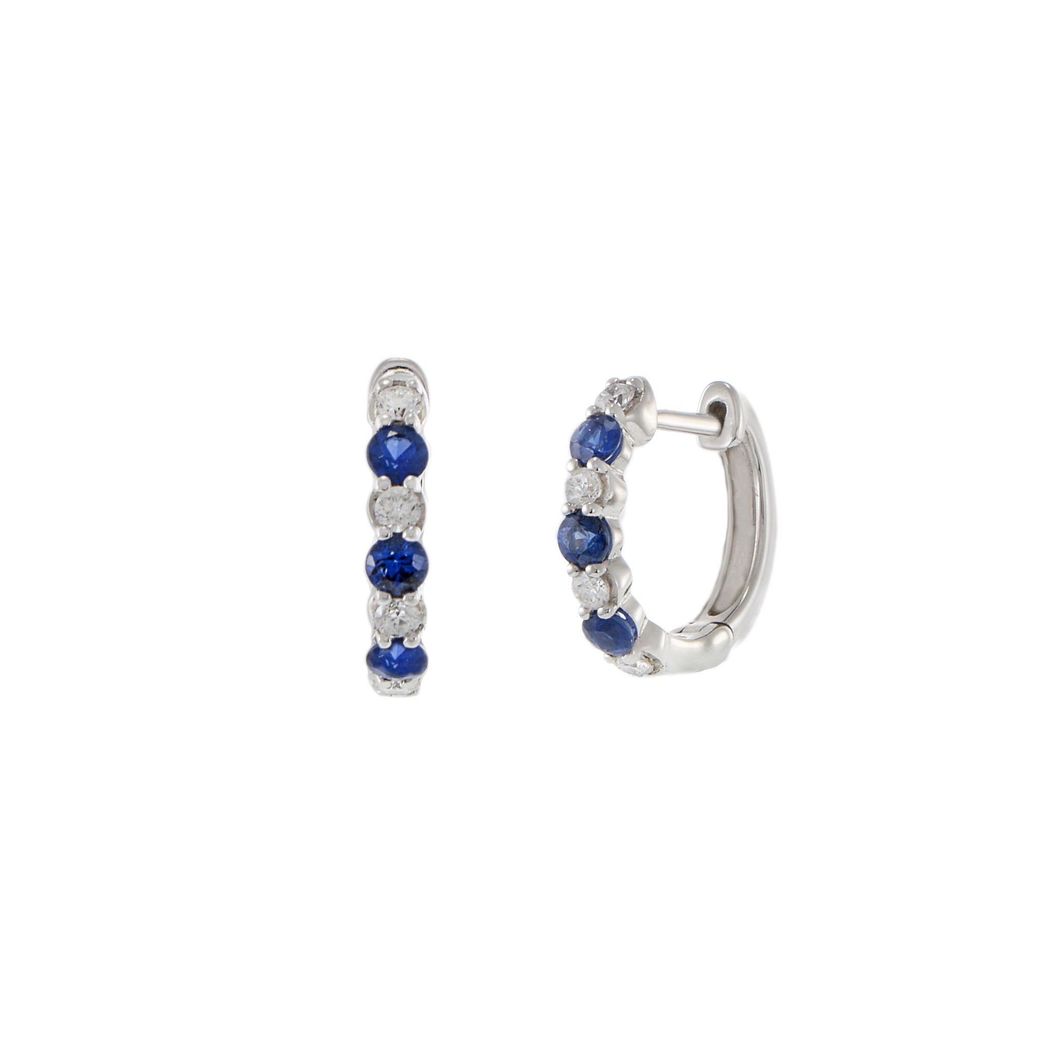 14KT White Gold Blue Sapphire And Diamond Hoop Earrings
