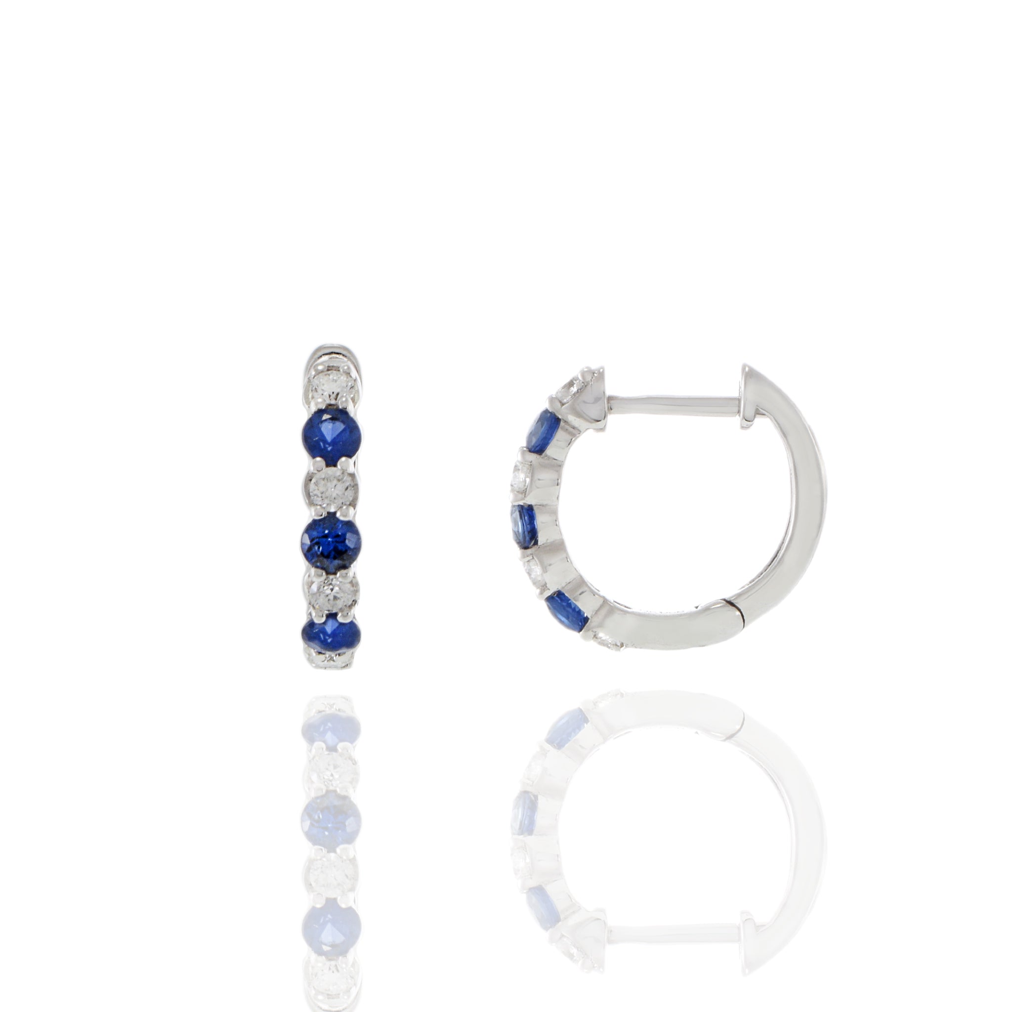 14KT White Gold Blue Sapphire And Diamond Hoop Earrings