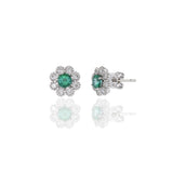 14KT White Gold Emerald And Diamond Flower Earrings