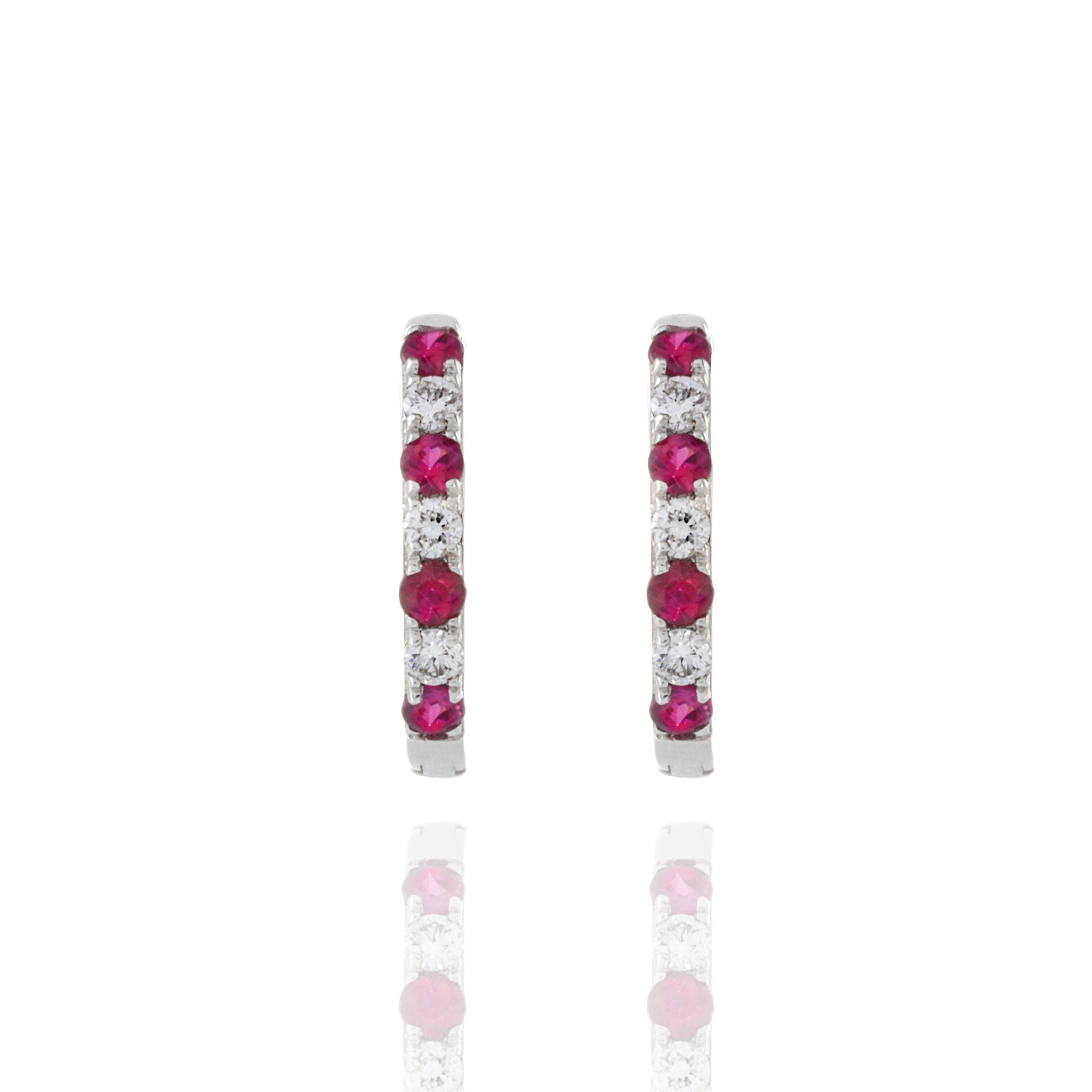 14KT White Gold Ruby And Diamond Huggie Earrings