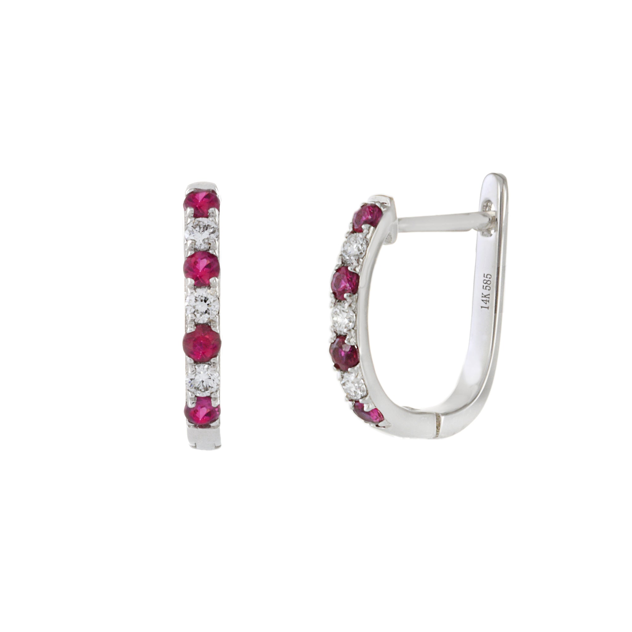 14KT White Gold Ruby And Diamond Huggie Earrings