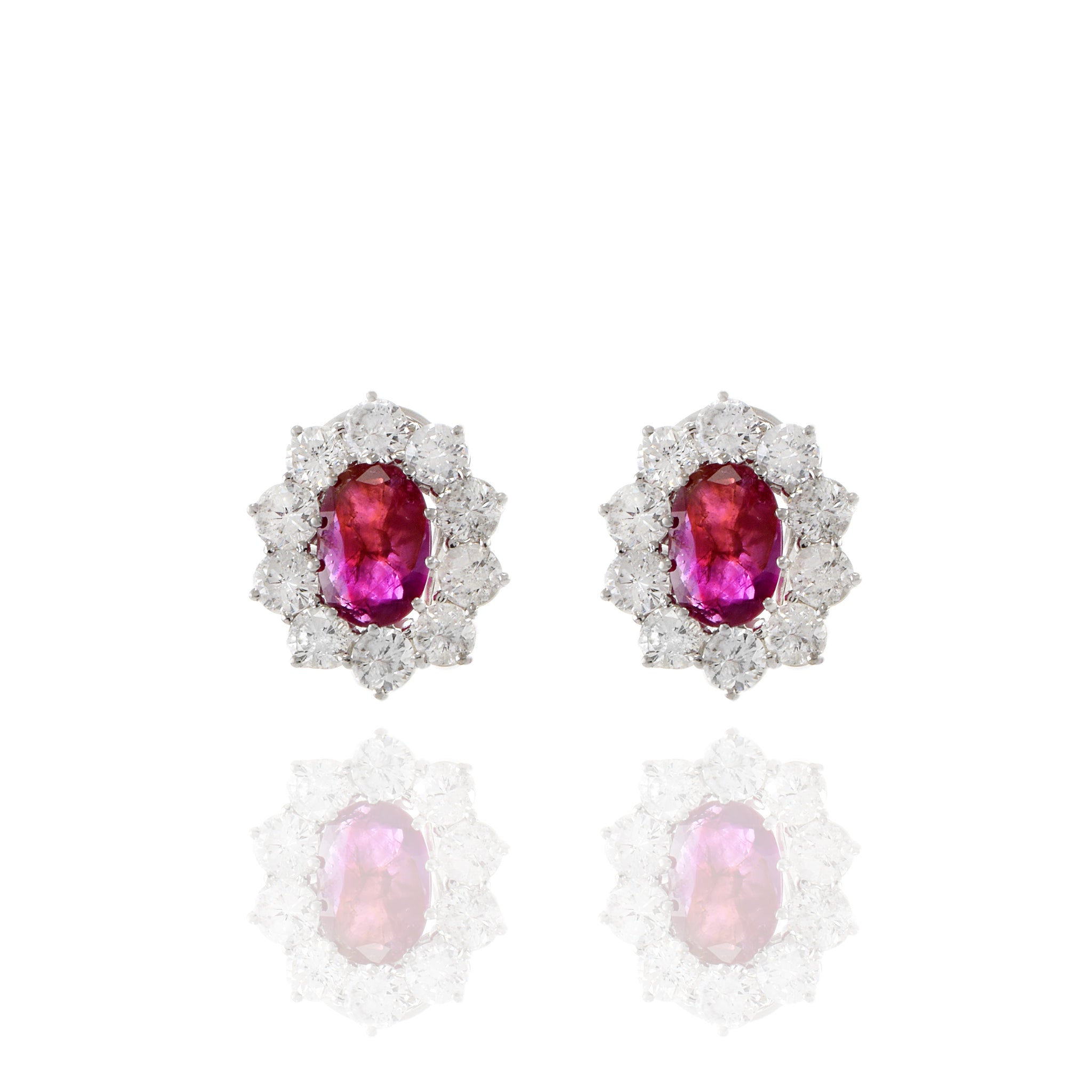 14KT White Gold Oval Burmese Ruby And Diamond Earrings