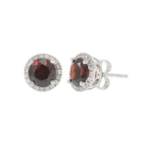 14KT White Gold Garnet and Diamond Halo Stud Earrings