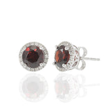 14KT White Gold Garnet and Diamond Halo Stud Earrings