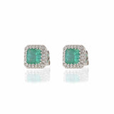 14KT White Gold Emerald and Diamond Halo Earrings