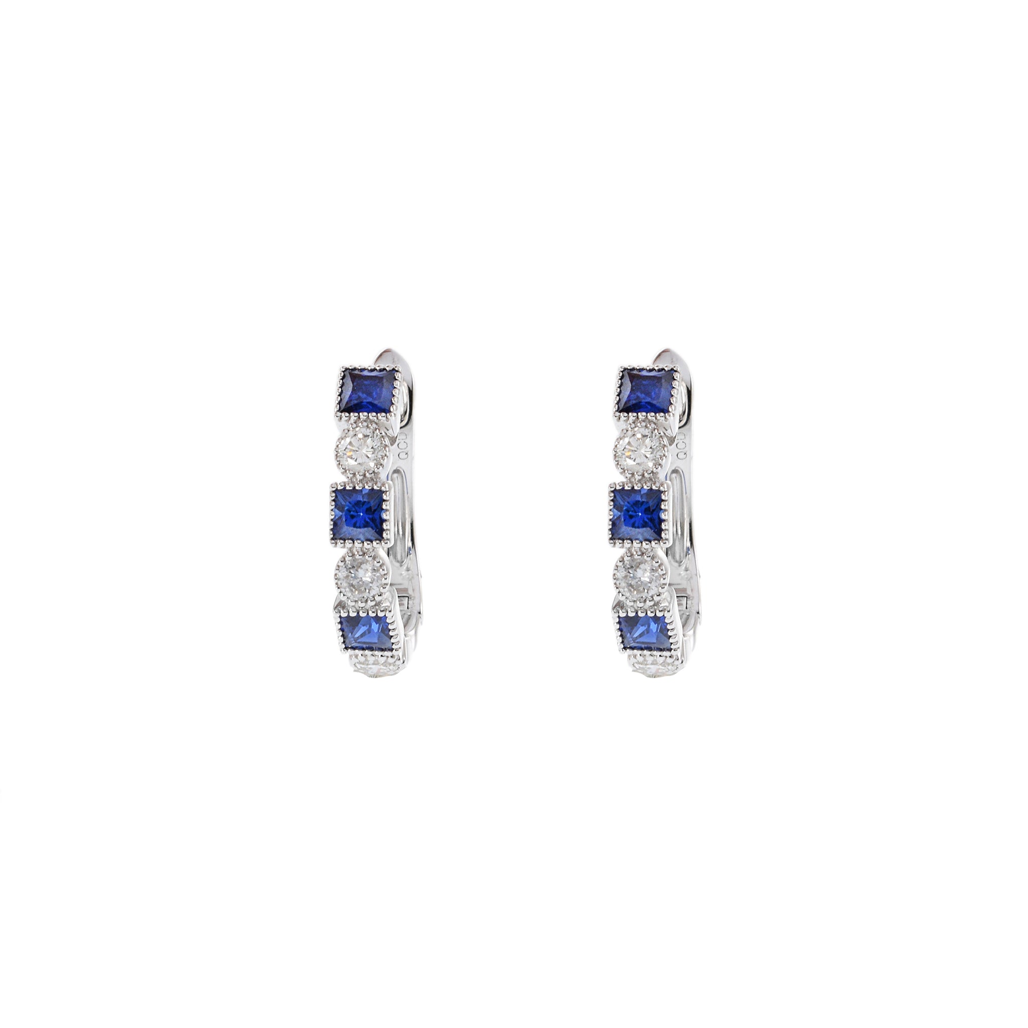 14KT White Gold Huggie Earrings with Alternating Round Cut Diamonds and Princess Cut Sapphires