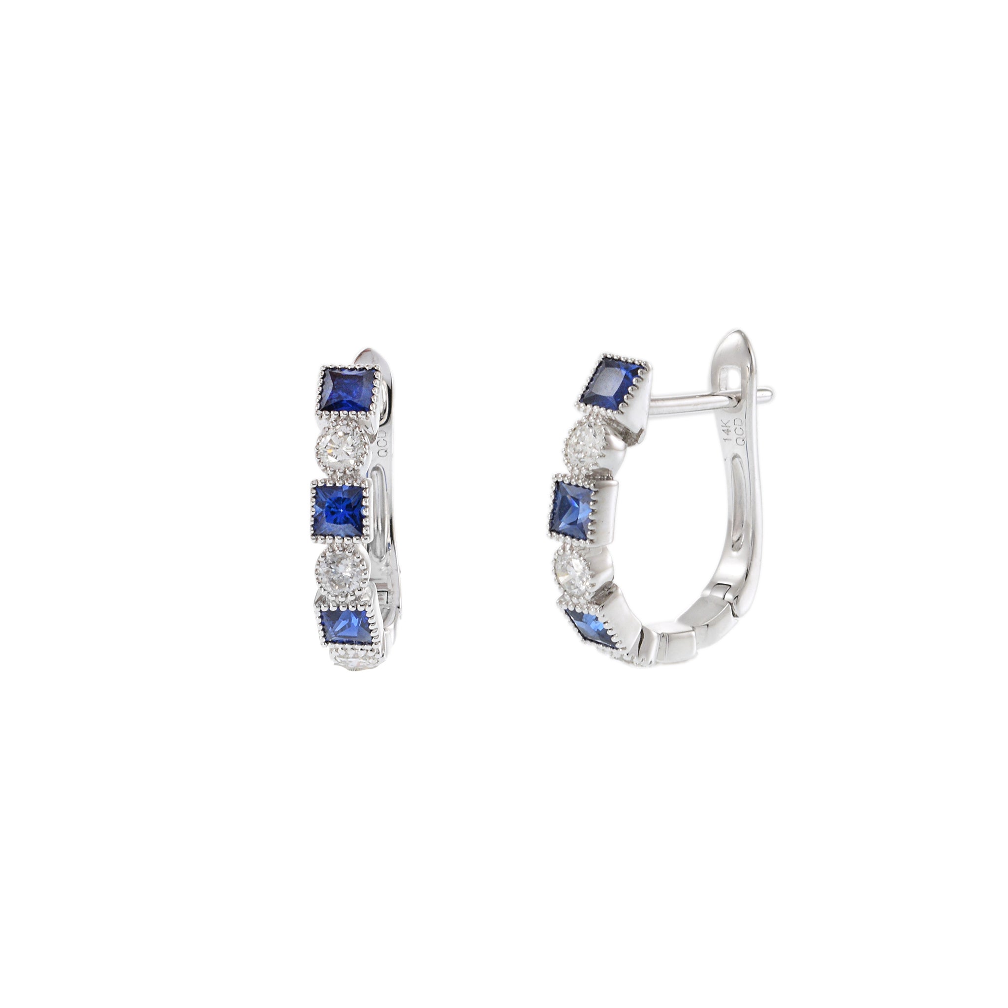 14KT White Gold Huggie Earrings with Alternating Round Cut Diamonds and Princess Cut Sapphires