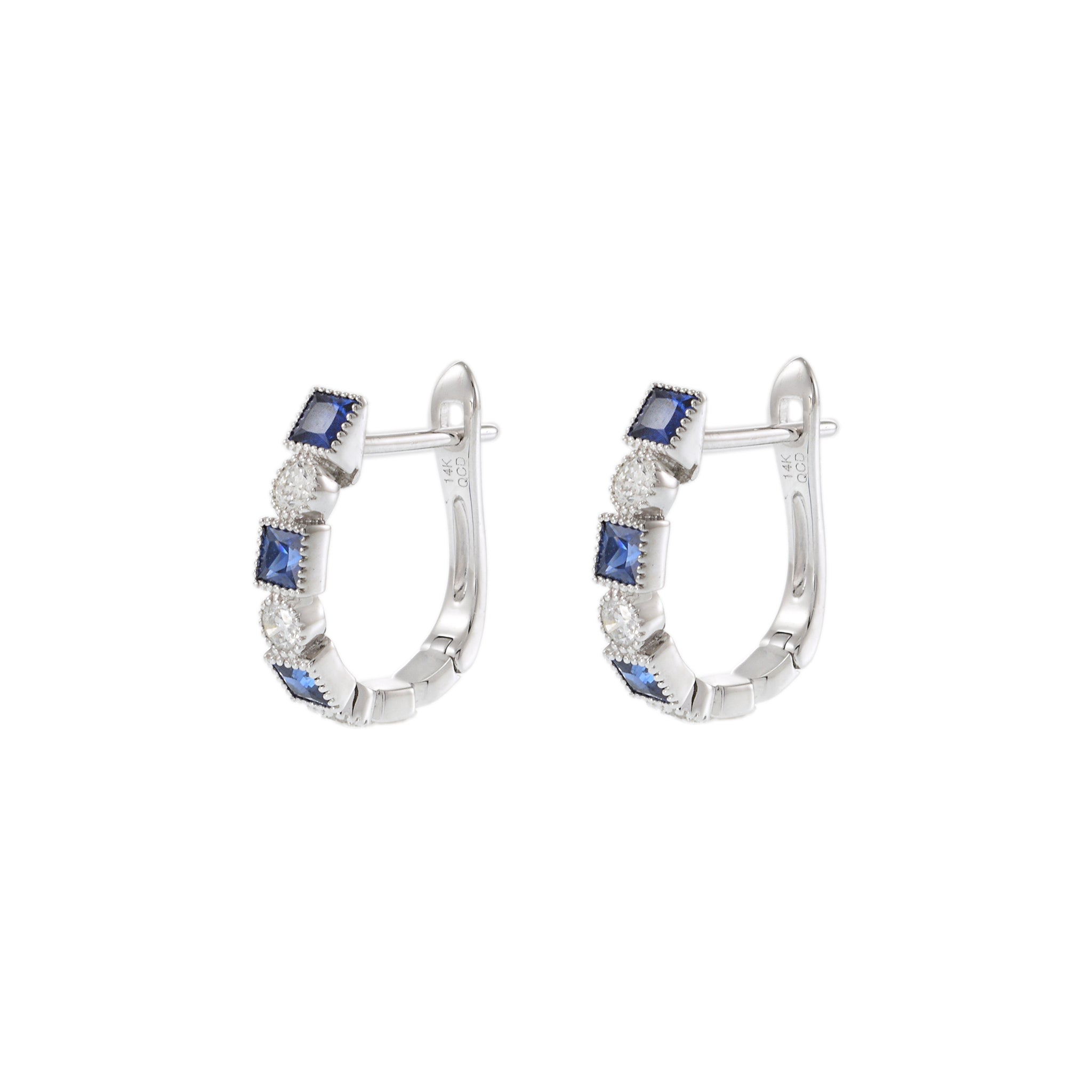 14KT White Gold Huggie Earrings with Alternating Round Cut Diamonds and Princess Cut Sapphires