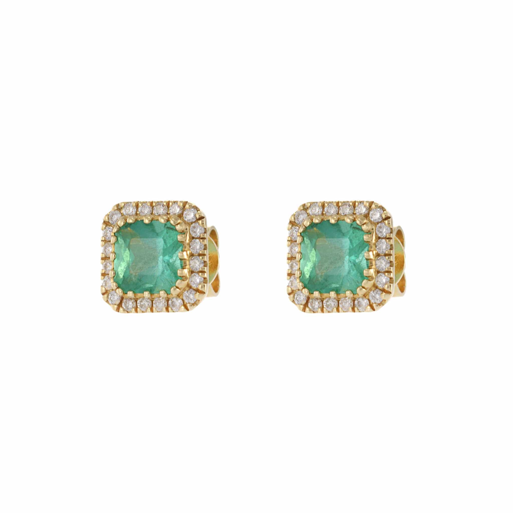 14KT Yellow Gold Cushion Cut Emerald and Diamond Stud Earrings