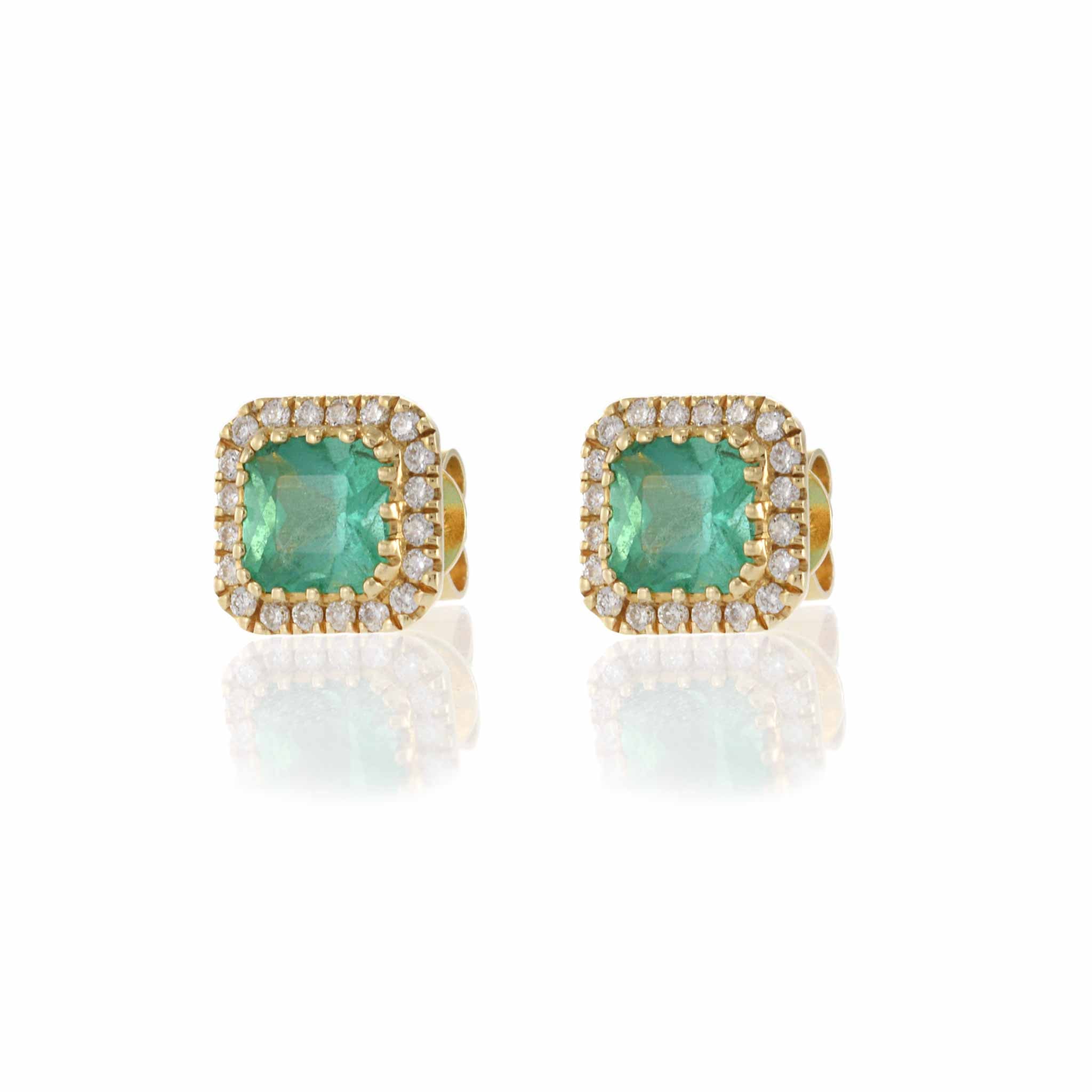 14KT Yellow Gold Cushion Cut Emerald and Diamond Stud Earrings
