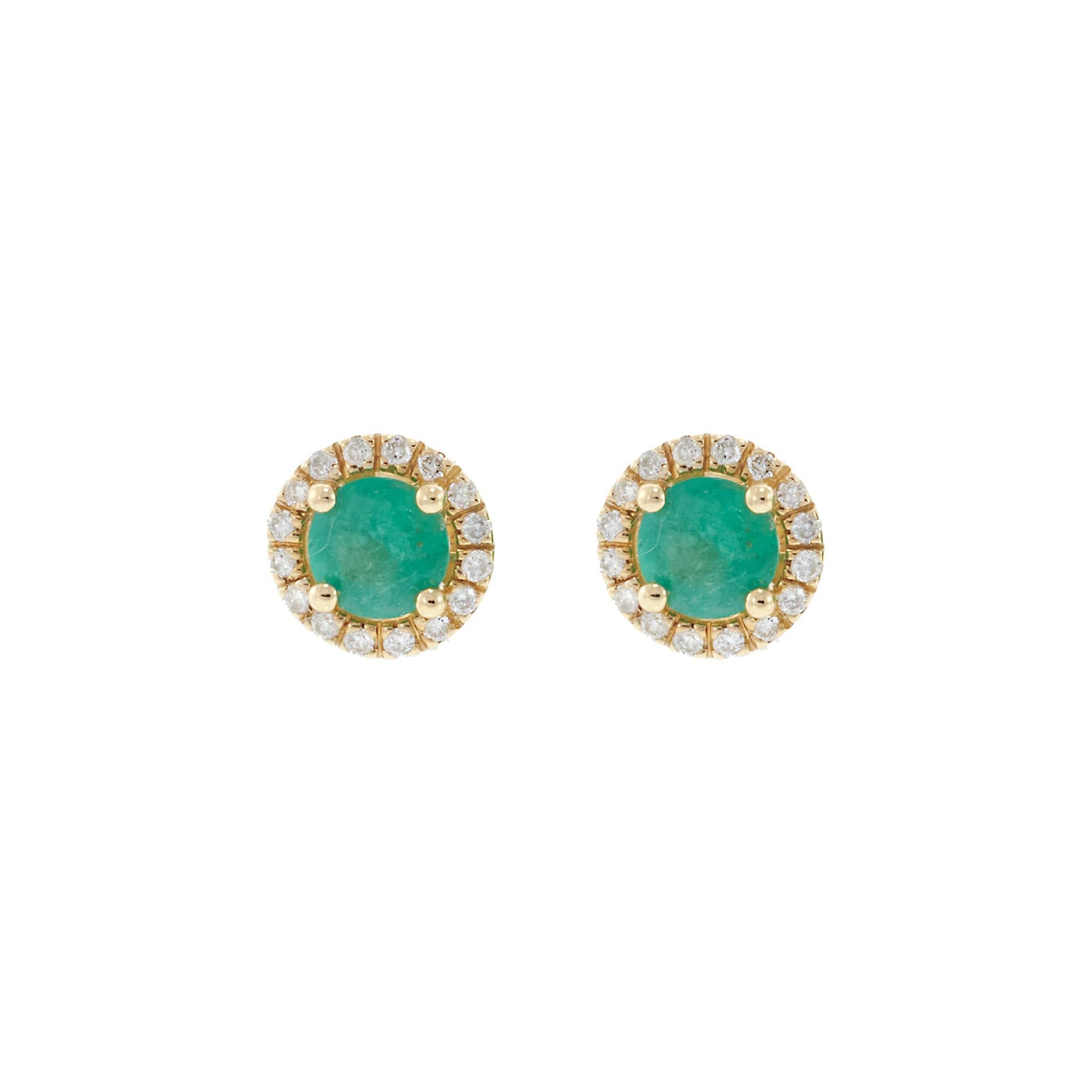 14KT Yellow Gold Emerald and Diamond Halo Stud Earrings