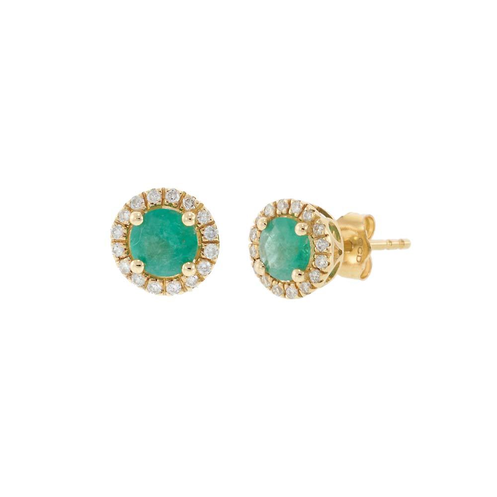 14KT Yellow Gold Emerald and Diamond Halo Stud Earrings