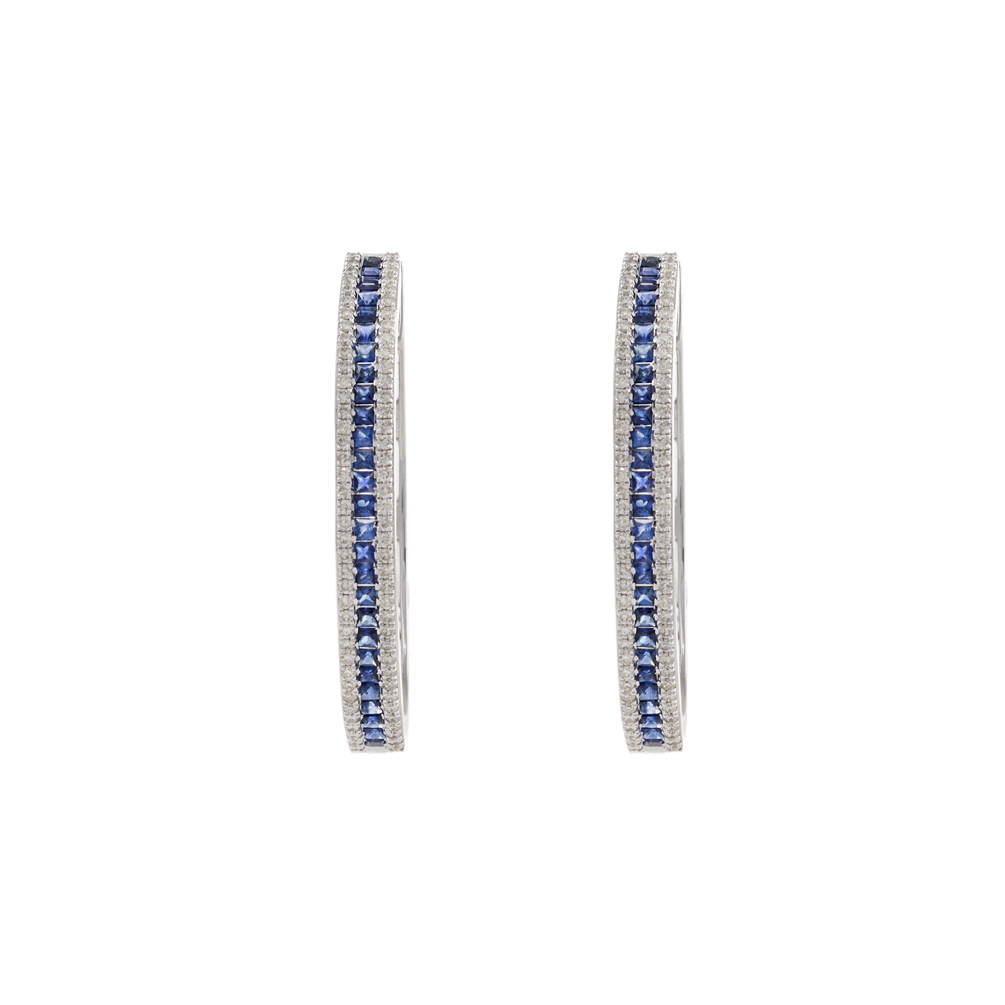 14KT White Gold Blue Sapphire and Diamond Oval Hoop Earrings