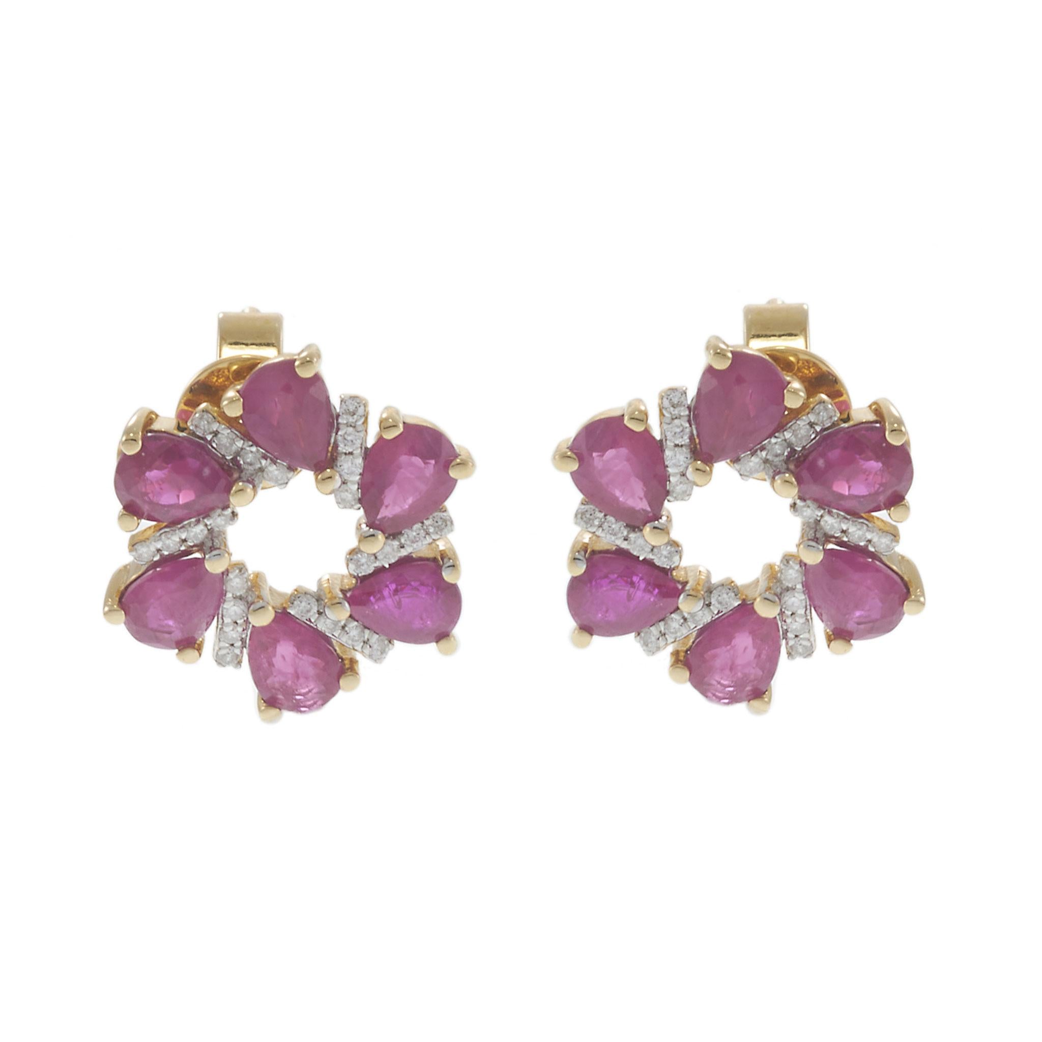 14KT Yellow Gold Pear Ruby and Diamond Open Flower Earrings