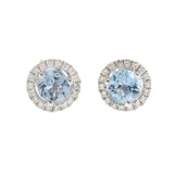 14K White Gold Round Aquamarine and Diamond Halo Stud Earrings
