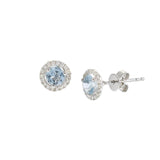 14K White Gold Round Aquamarine and Diamond Halo Stud Earrings