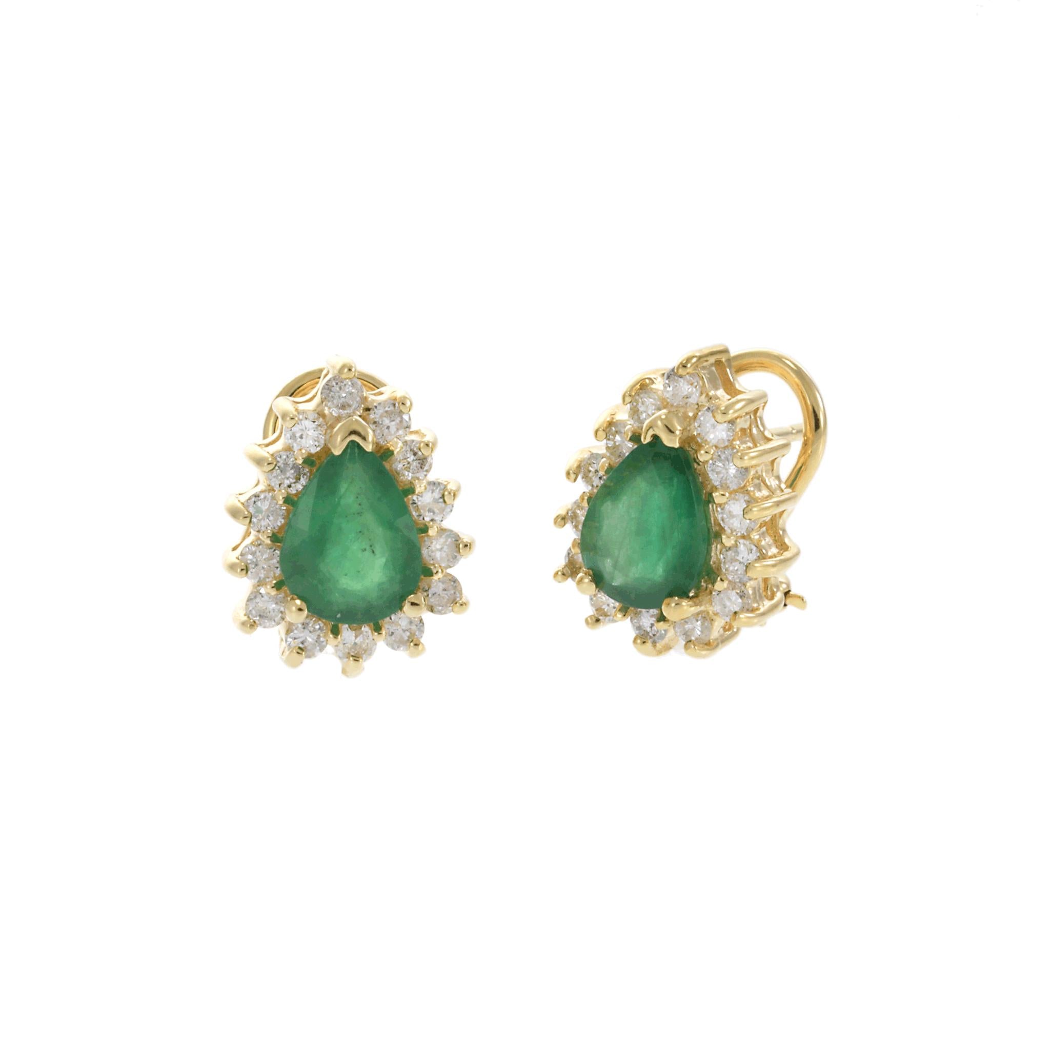 14KT Yellow Gold Pear Shape Emerald and Diamond Halo Earrings