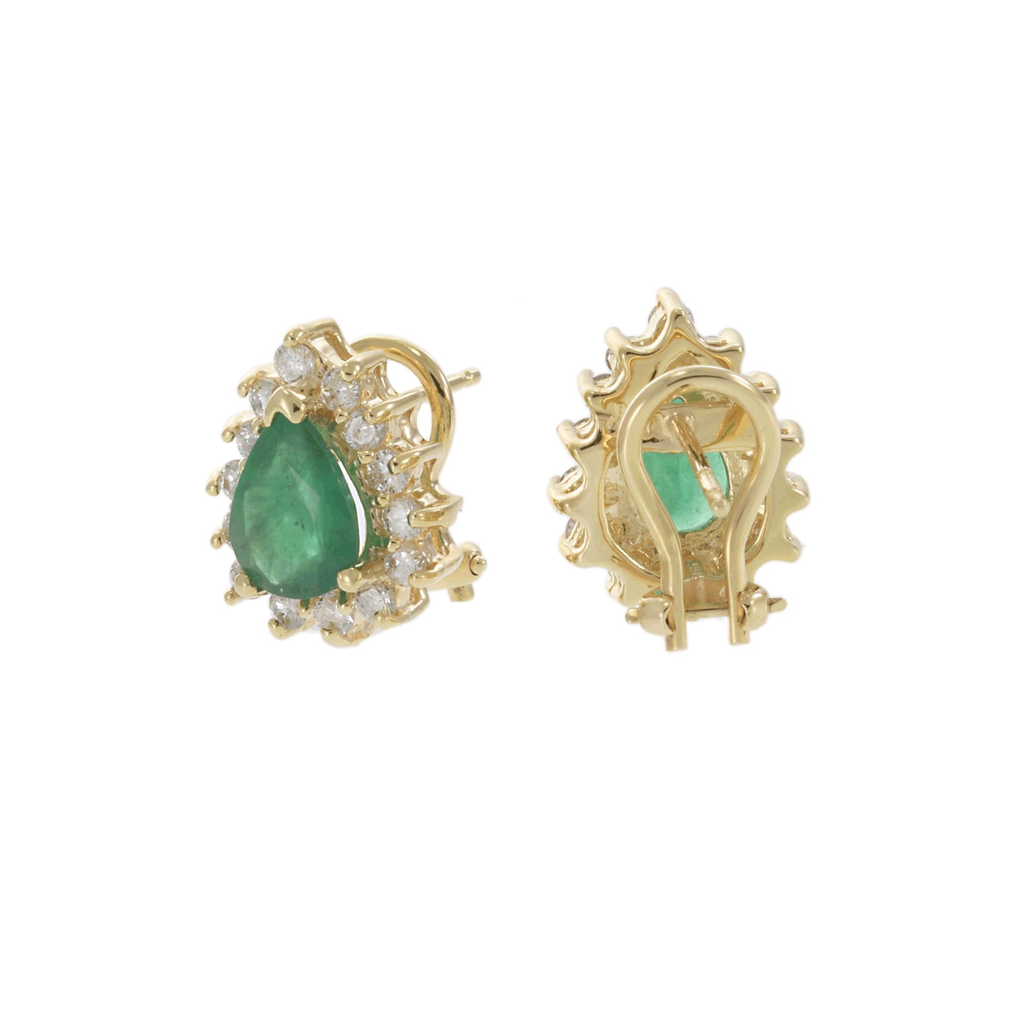 14KT Yellow Gold Pear Shape Emerald and Diamond Halo Earrings