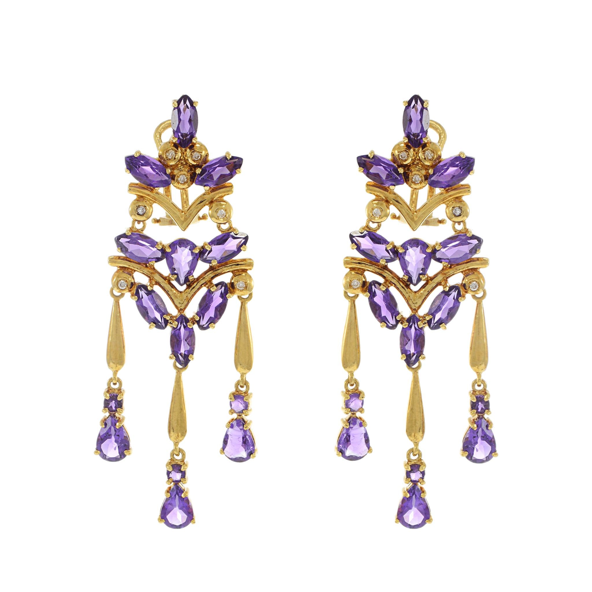 Vintage 18KT Yellow Gold Amethyst and Diamond Chandelier Earrings