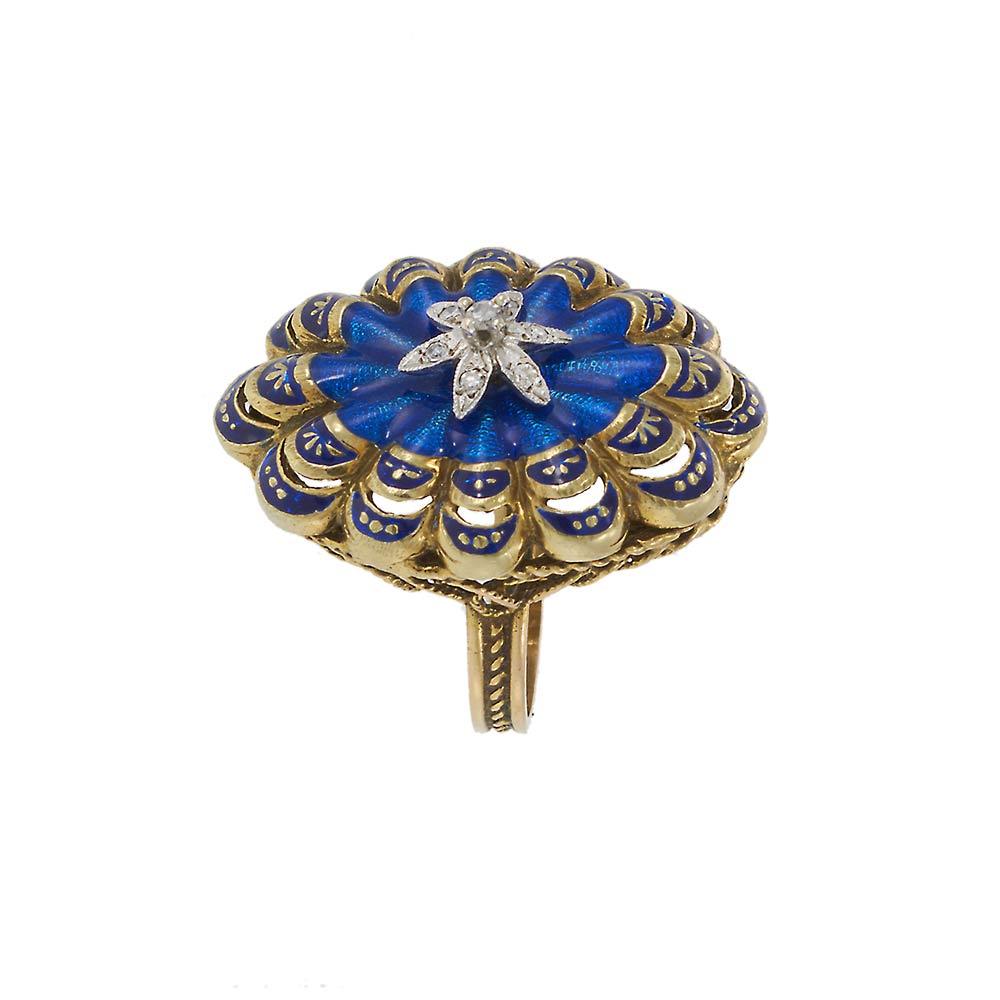 14KT Yellow Gold Antique Victorian Blue Enamel and Diamond Ring