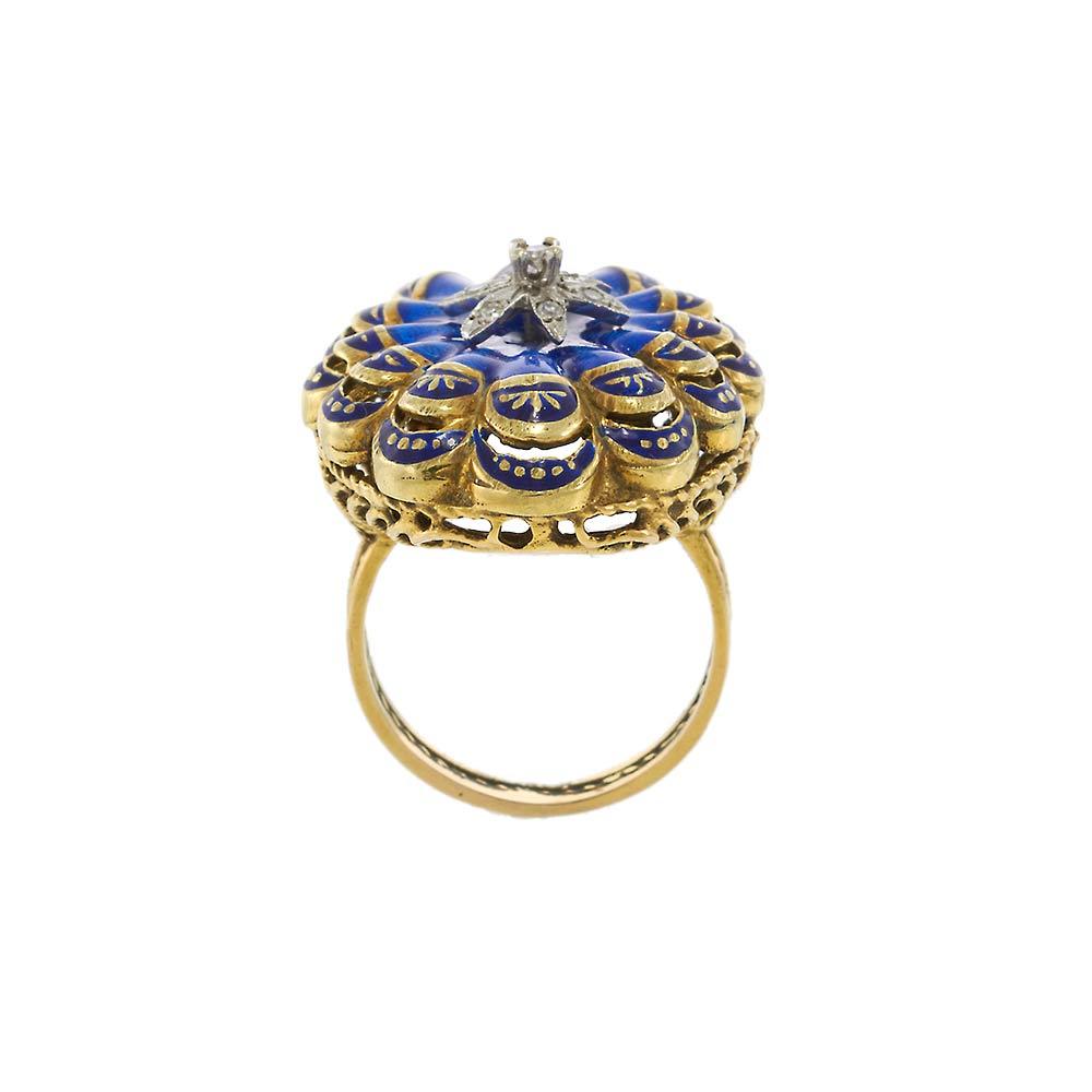 14KT Yellow Gold Antique Victorian Blue Enamel and Diamond Ring