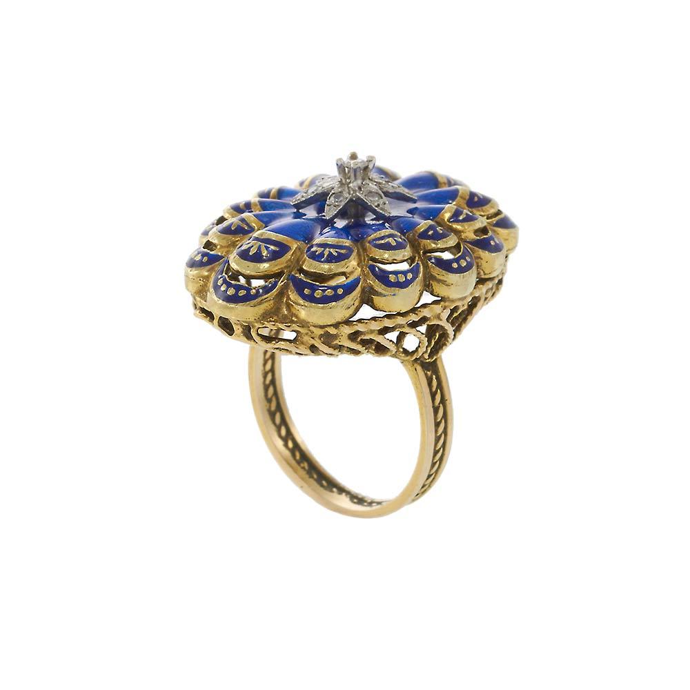 14KT Yellow Gold Antique Victorian Blue Enamel and Diamond Ring