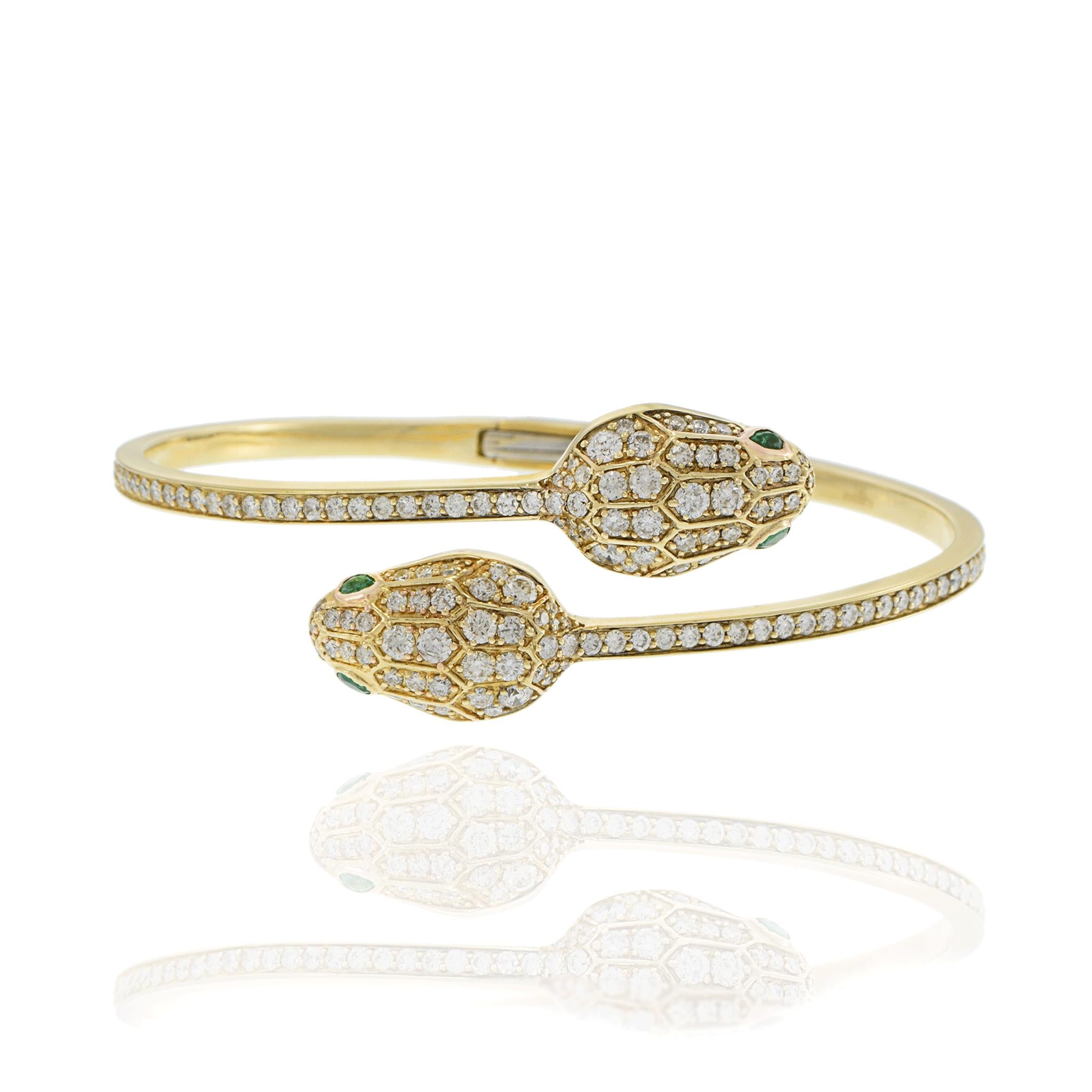 14KT Yellow Gold Double Snake Head Diamond Bangle with Emerald Eyes
