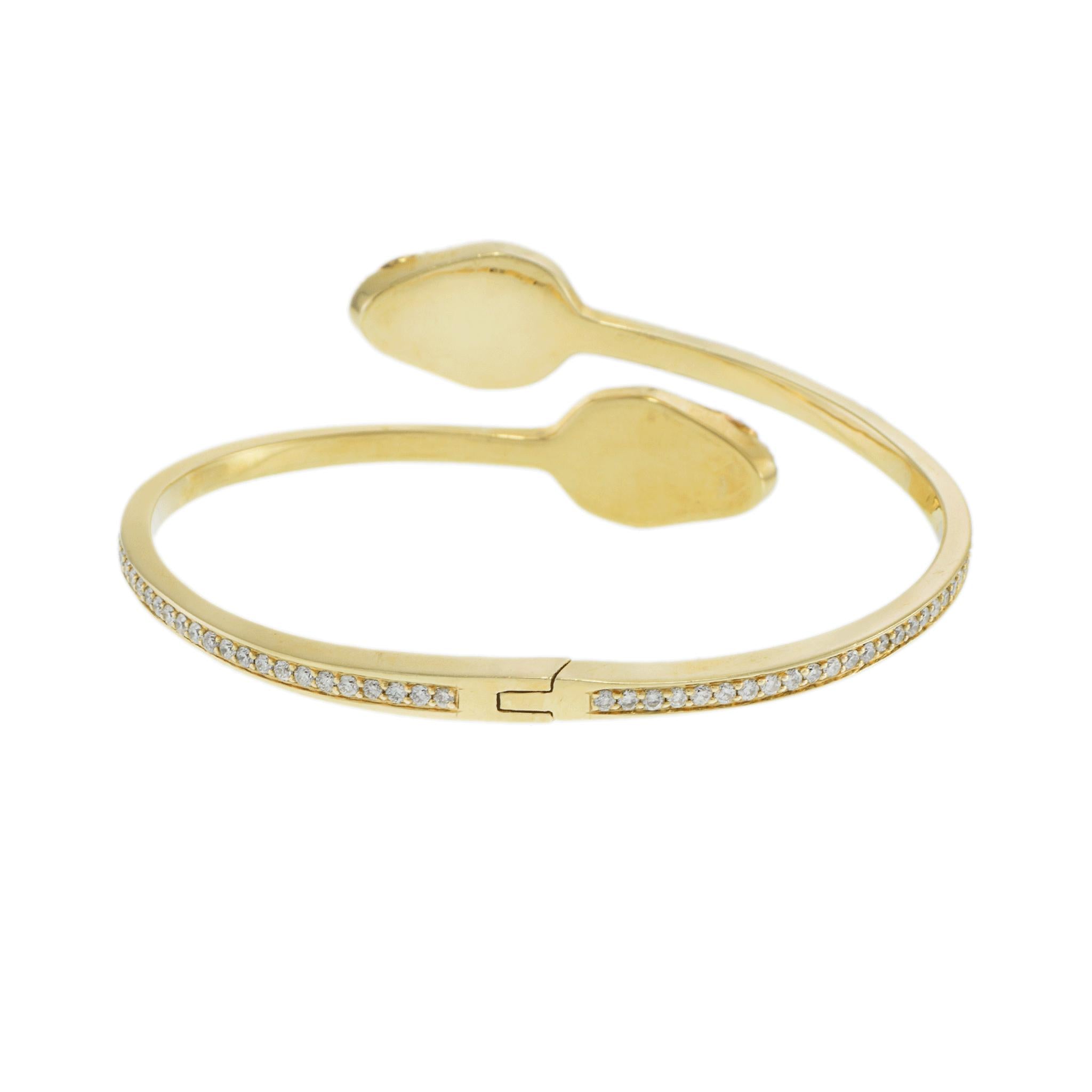 14KT Yellow Gold Double Snake Head Diamond Bangle with Emerald Eyes