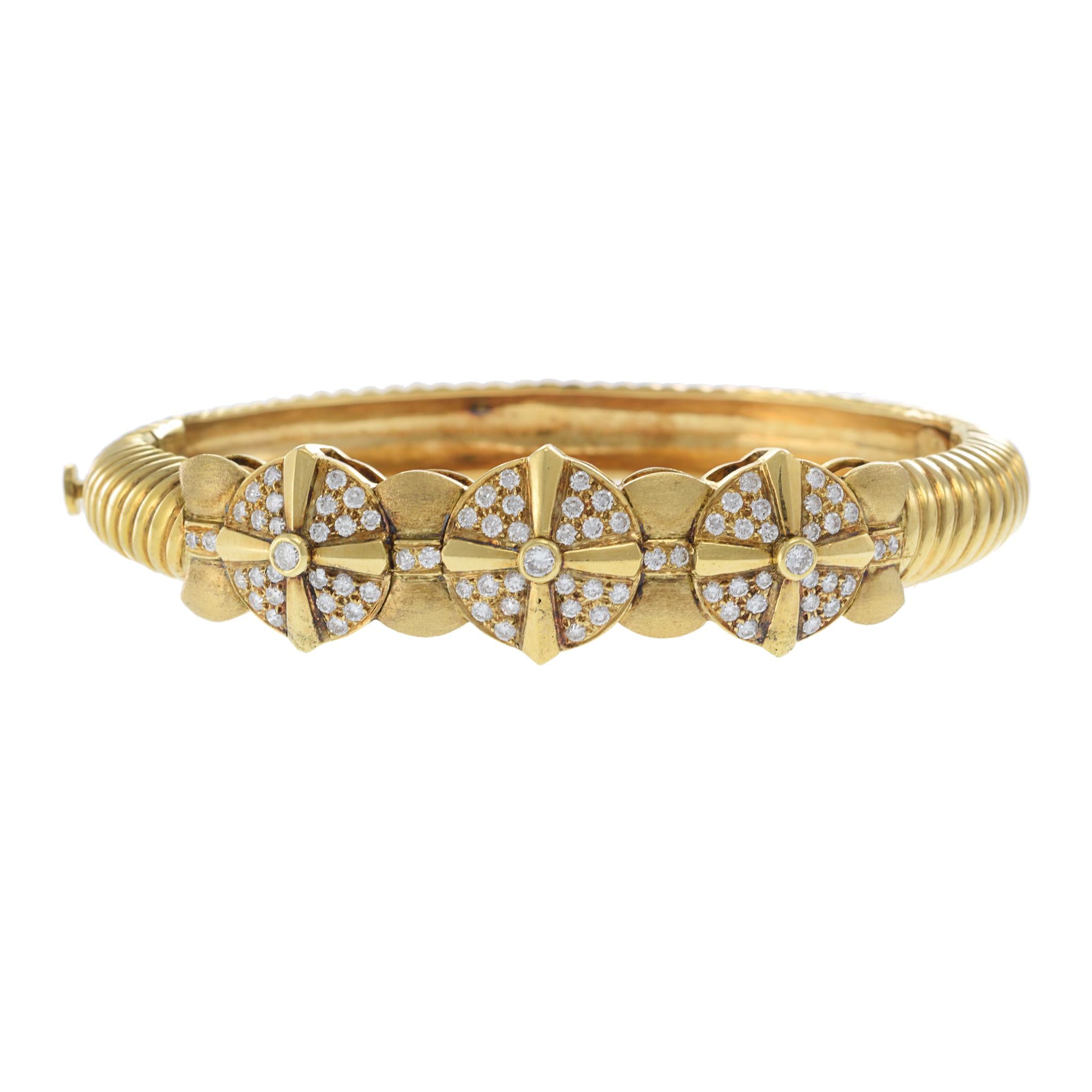 Estate 18KT Yellow Gold Diamond Bangle with Twisted Rope Detail