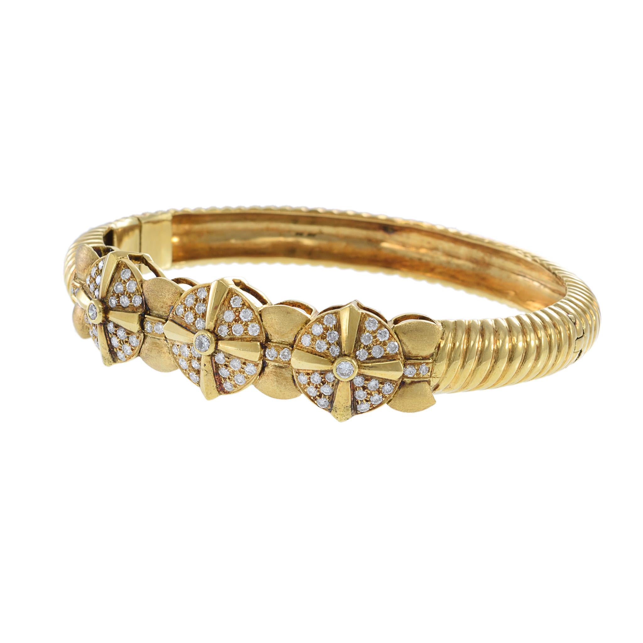 Estate 18KT Yellow Gold Diamond Bangle with Twisted Rope Detail
