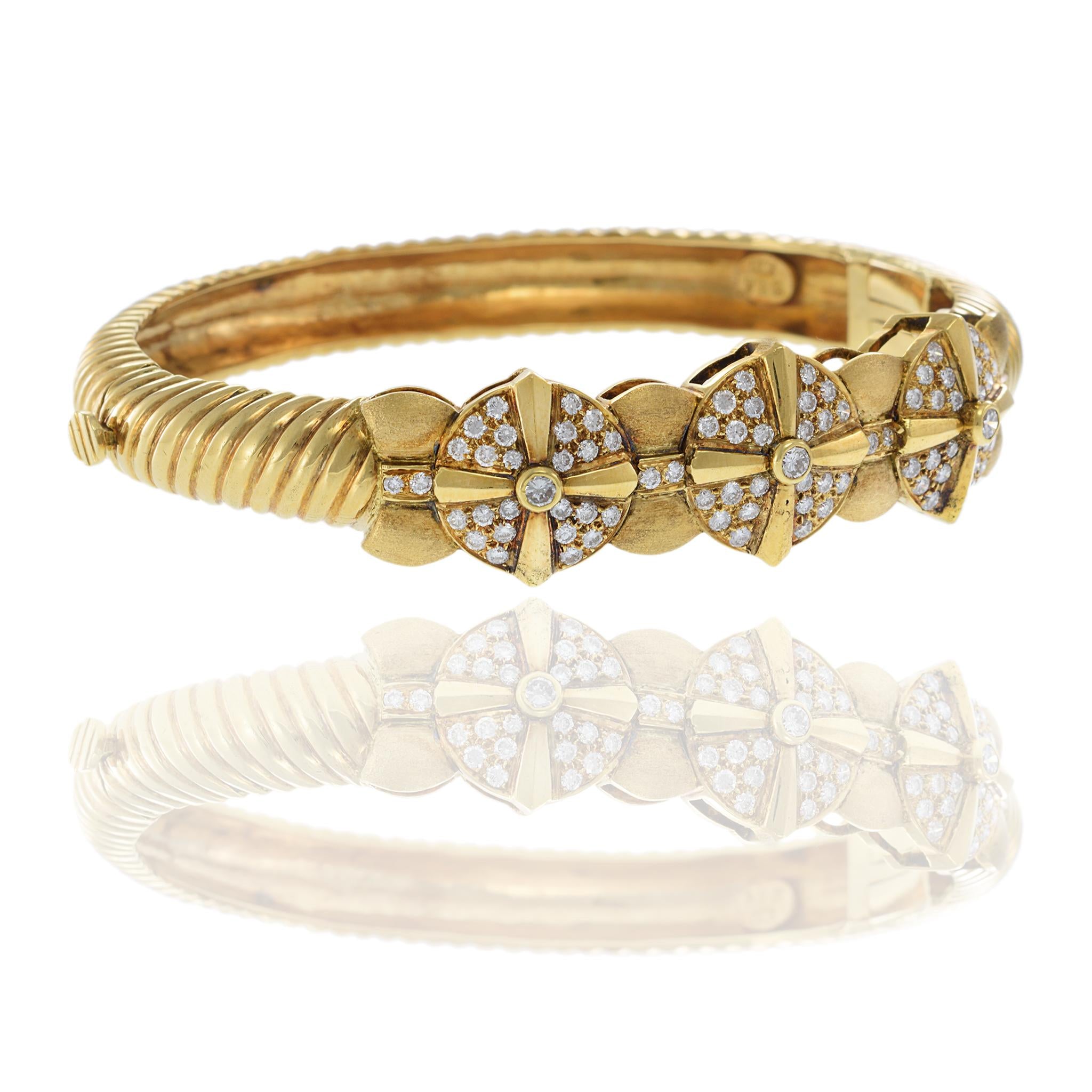 Estate 18KT Yellow Gold Diamond Bangle with Twisted Rope Detail