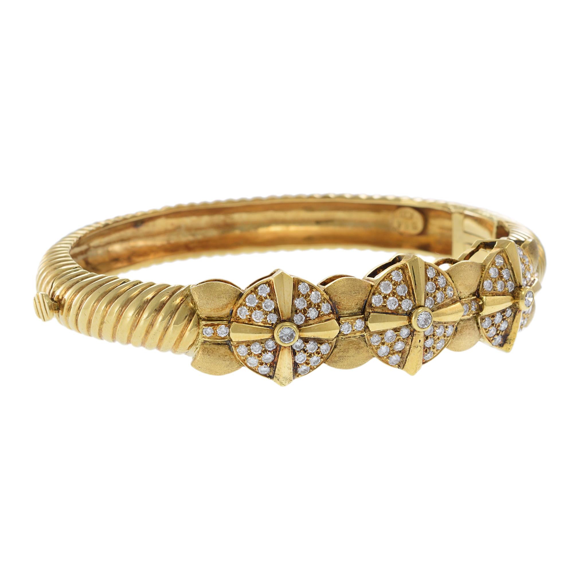 Estate 18KT Yellow Gold Diamond Bangle with Twisted Rope Detail