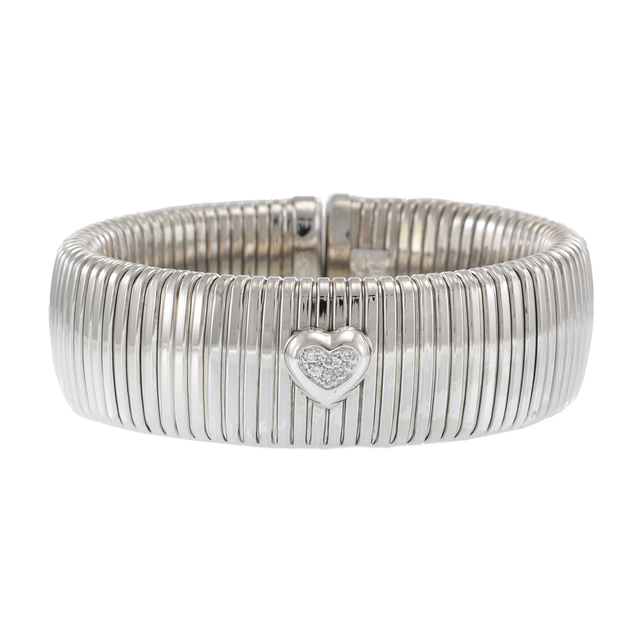 Vintage 18KT White Gold Diamond Flex Bangle with Heart Accent