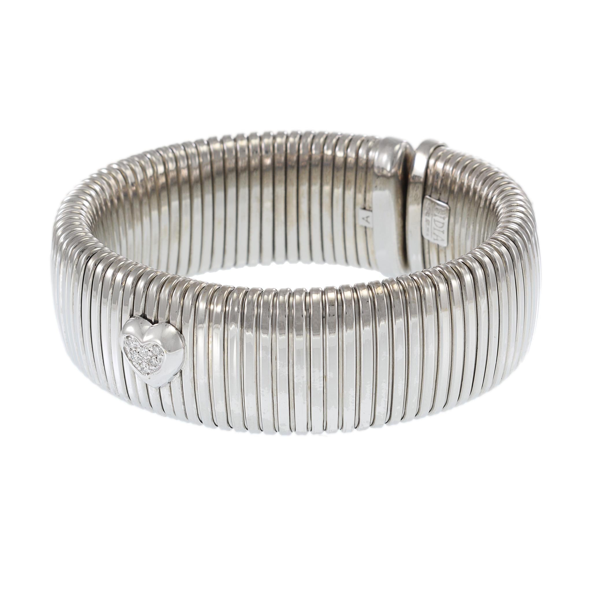 Vintage 18KT White Gold Diamond Flex Bangle with Heart Accent