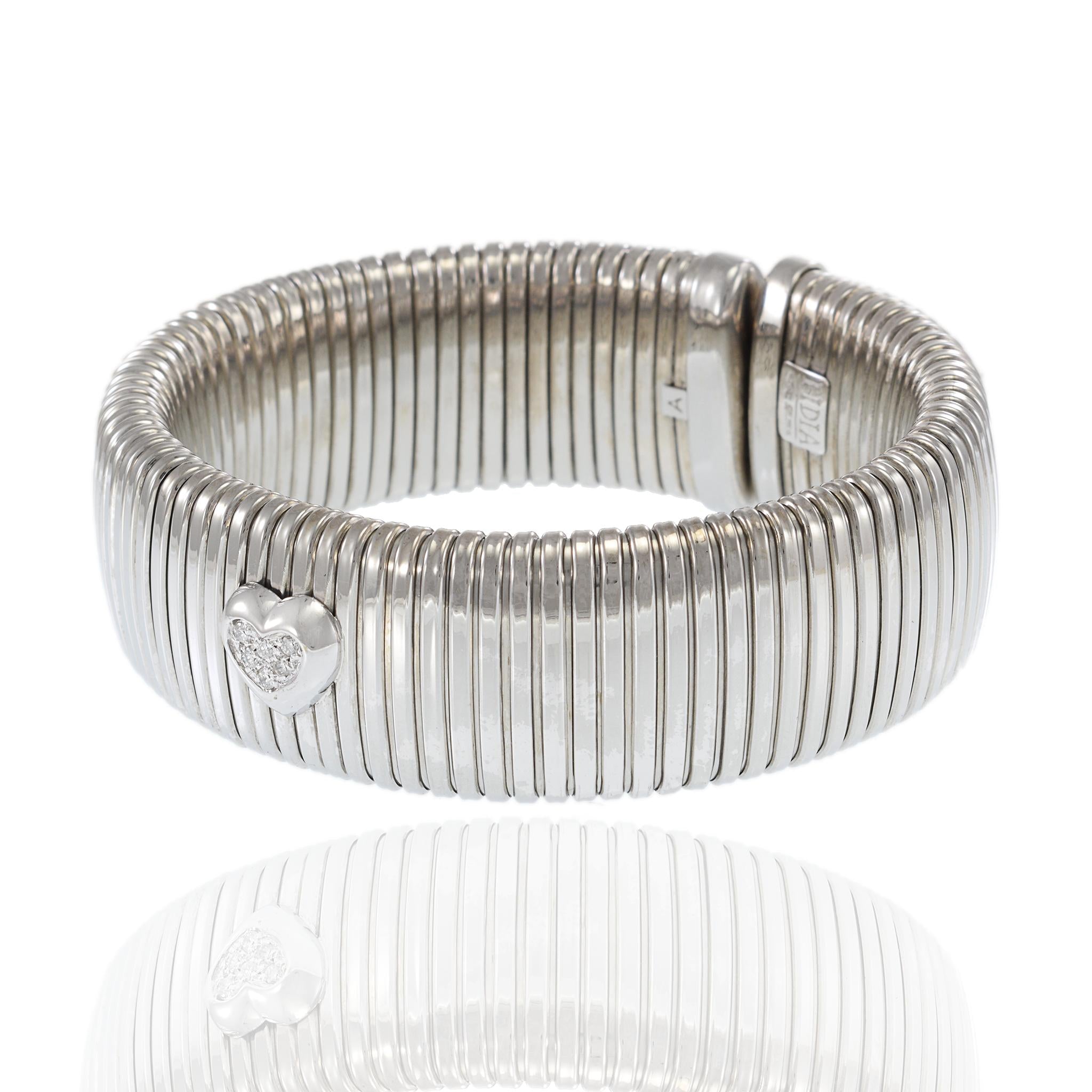 Vintage 18KT White Gold Diamond Flex Bangle with Heart Accent